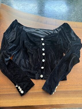 Black Velvet Off-Shoulder Button-Front Women's Top